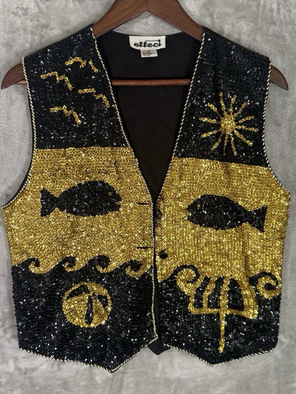 Creazioni Effeci Gold and Black Sequin Fish Vest